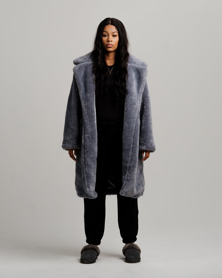 ONY Oversized Sherpa Trench Coat - Grey