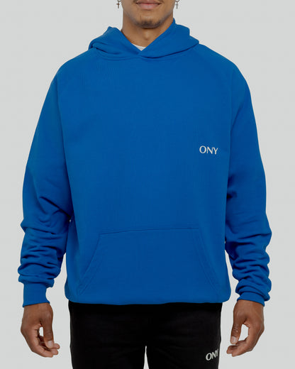 A male model wearing a stylish blue oversized hoodie, perfect for a comfortable and fashionable look.  